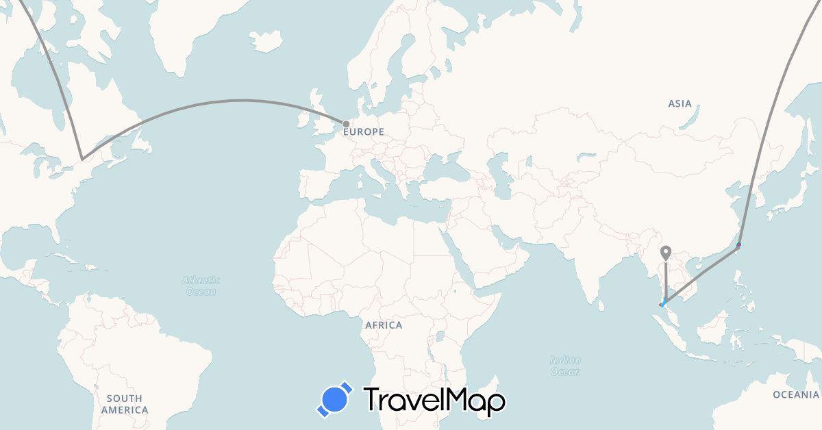 TravelMap itinerary: bus, plane, cycling, train, hiking, boat in Canada, Thailand, Taiwan (Asia, North America)
